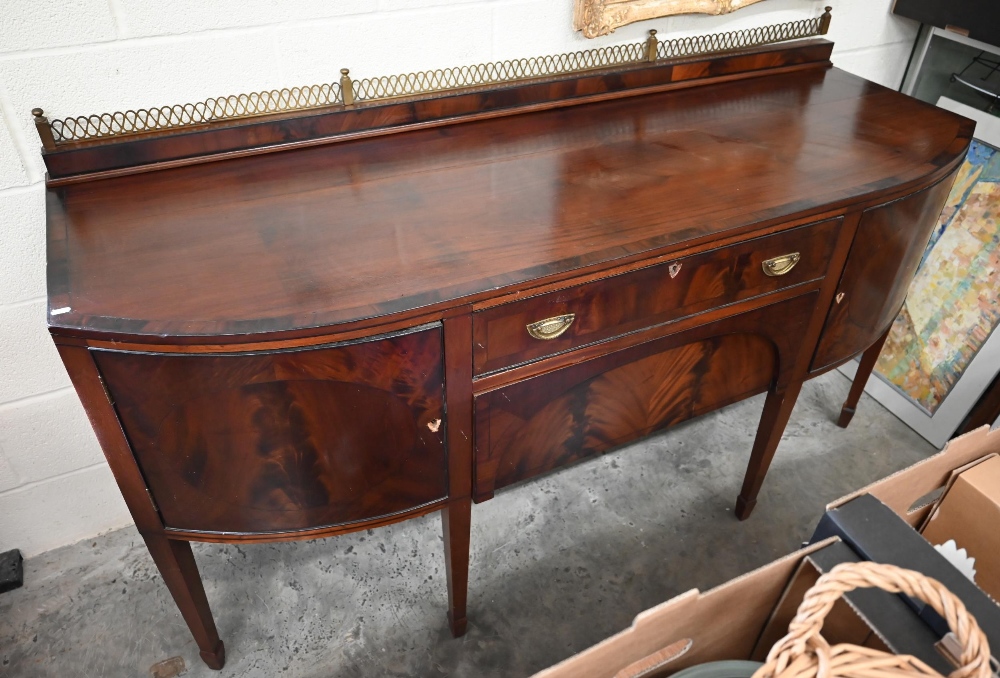 Edwardian mahogany and crossbanded bowfront large sideboard with brass gallery back above two