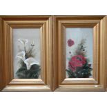 Two paintings on glass of poppies and lillies, 44 x 24 cm, indistinctly signed (2)