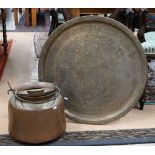 Indian foliate-engraved circular tray, 69 cm to/w a large copper vessel and cover with wrought