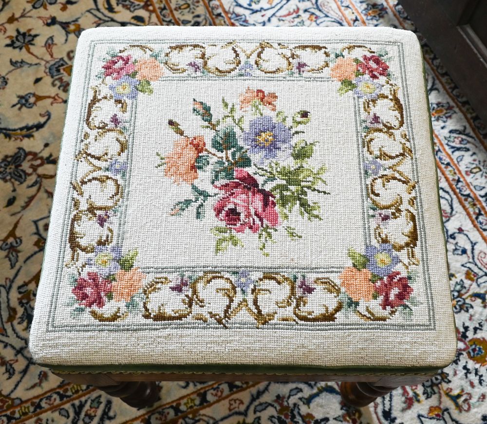 An elm framed square stool with turned legs and floral tapestry seat, 42 x 42 x 52 cm high - Image 3 of 3
