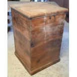 An old stripped pine tall storage box with hinged top on a plinth base, 54 x 54 x 83 cm h