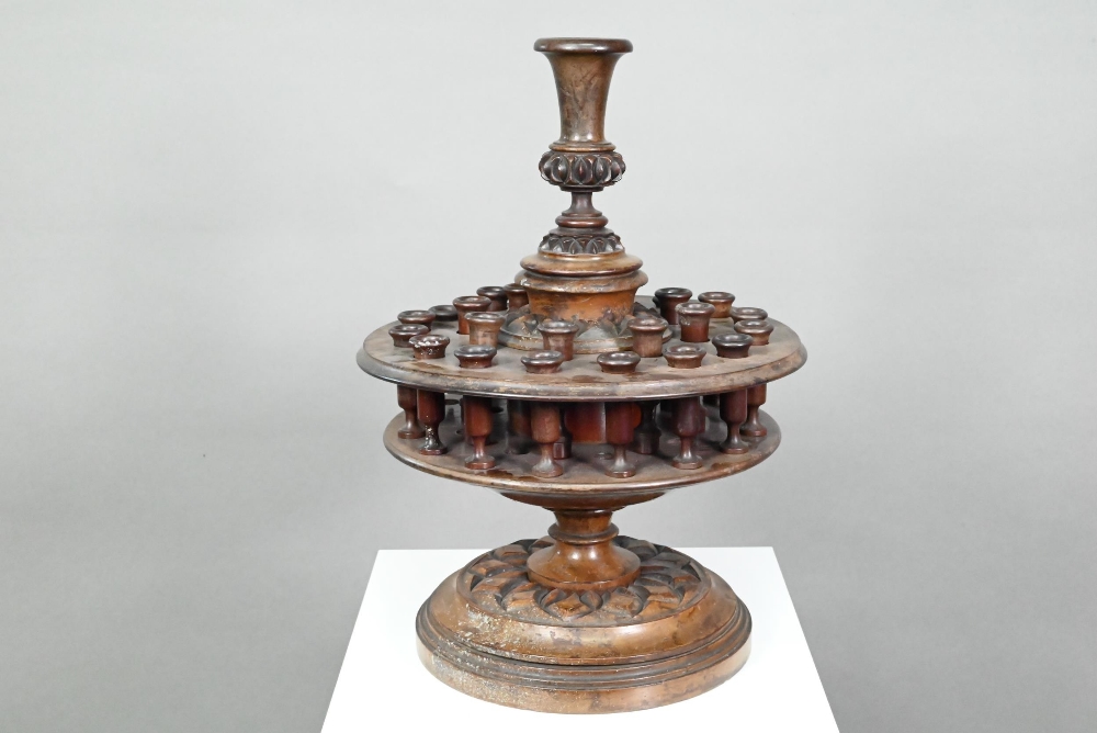 An antique carved and turned wood snuff or tobacco stand with sectional central pillar surrounded by - Image 3 of 6