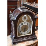 Large German stained oak bracket clock with chiming movement, 63 cm high f/r