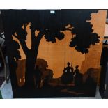 Large marquetry panel, veneered with silhouette of 18th century figures with a swing, 101 cm square