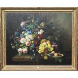 After Thomas Webster - An abundant still life study with fruit and flowers, overpainted print, 100 x