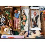 Three Pelham Puppets to/w various soft-toys, puppets, Steiff plush figures etc (2 boxes)