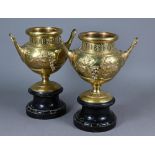 Pair of 19th century French brass garniture urns with relief vine and insects decoration, 30 cm high