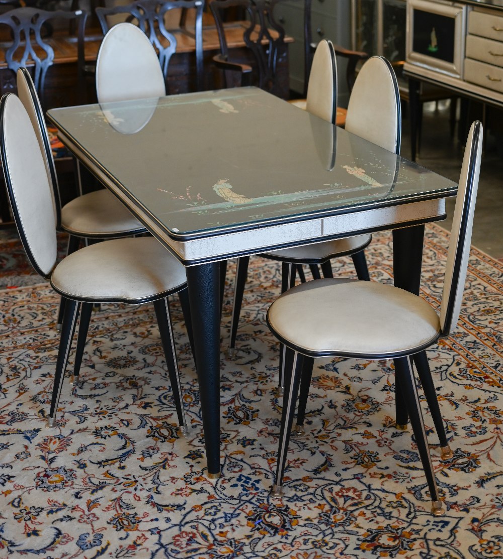 An Italian mid-century (1950s) black and ivory chinoiserie-decorated dining suite by Umberto