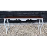 A long narrow console table with stained hardwood top and grey painted base, 188 cm w x 40 cm d x 85