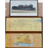 A London Midland and Scottish Railway print to/w two carriage framed maps (3)