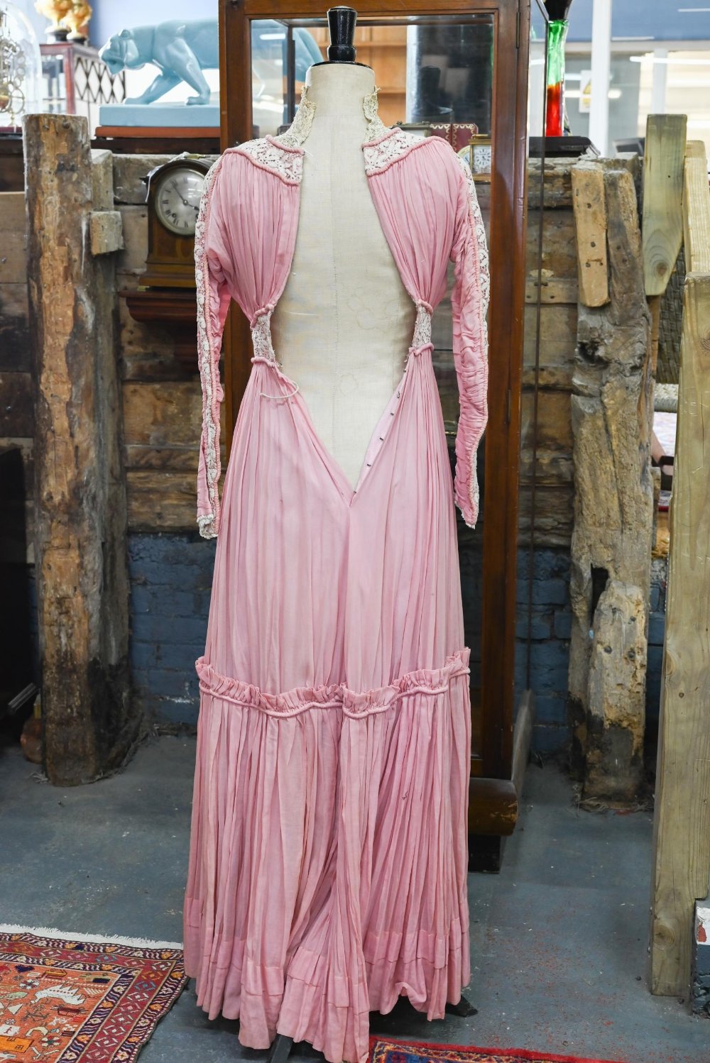 An Edwardian pink silk, lace and crochet dress, 150 cm from collar to hem to/w a quantity of vintage - Image 2 of 8