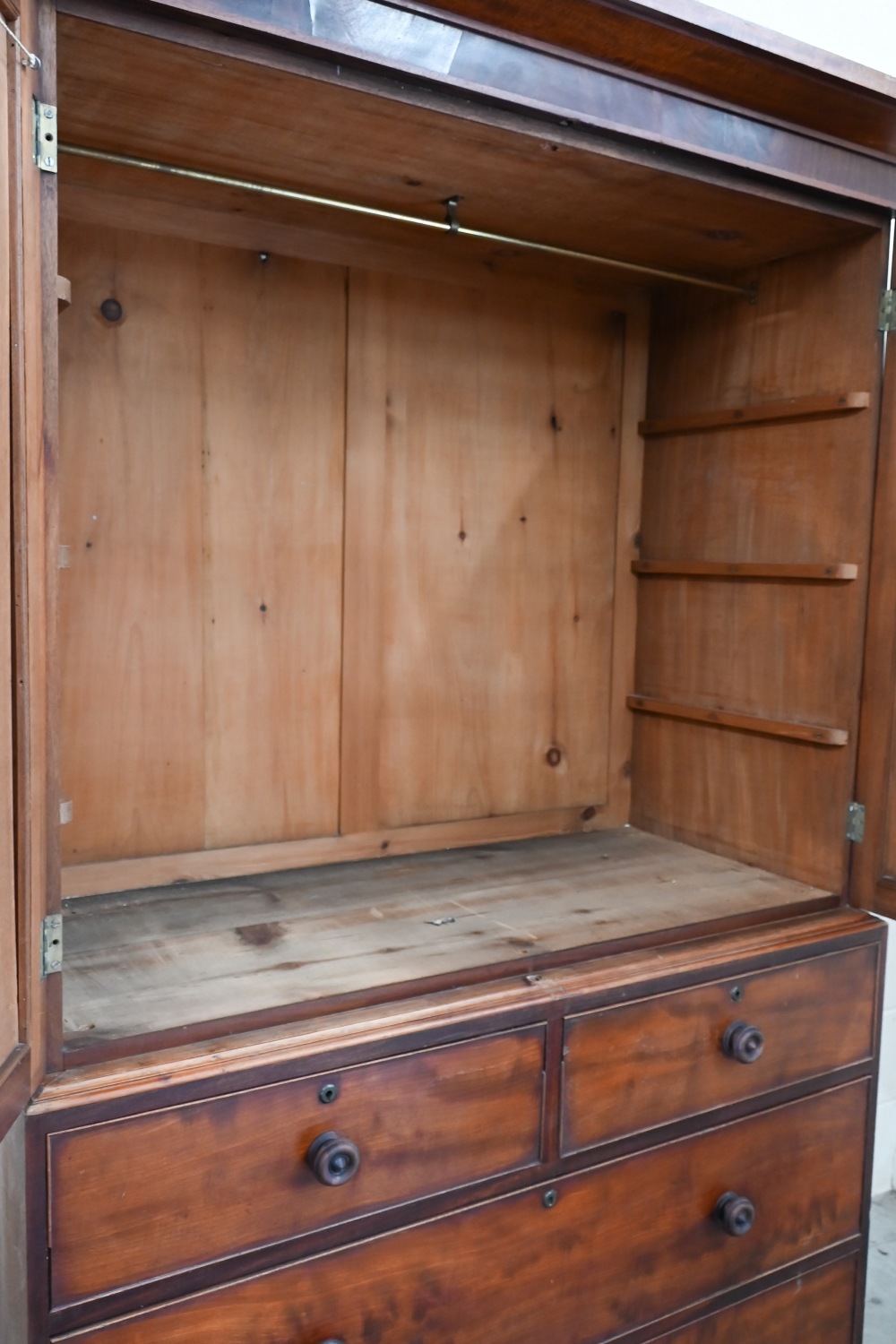 A 19th century mahogany wardrobe (converted from a linen press) with panelled doors enclosing - Image 3 of 4