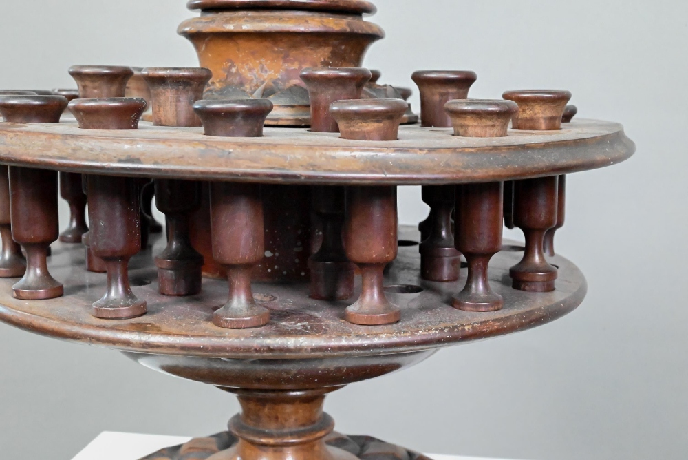 An antique carved and turned wood snuff or tobacco stand with sectional central pillar surrounded by - Image 4 of 6