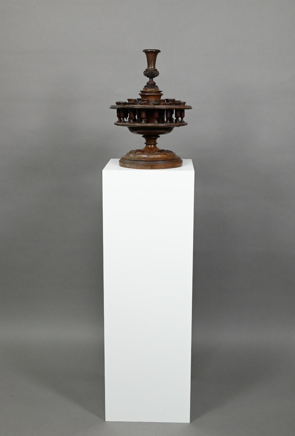 An antique carved and turned wood snuff or tobacco stand with sectional central pillar surrounded by - Image 2 of 6