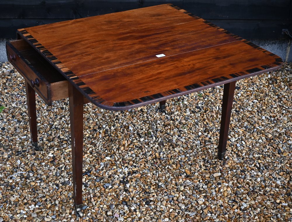 A 19th century two-drawer mahogany Pembroke table with coromandel cross-banding, drop leaf top - Image 2 of 9