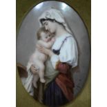A 19th century porcelain oval plaque, painted with a mother and child, signed F.G. de M,