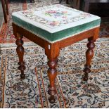 An elm framed square stool with turned legs and floral tapestry seat, 42 x 42 x 52 cm high