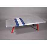 A rivetted vintage alloy aeroplane wing style tripod coffee table
