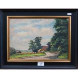English school - A pastoral view with a farmstead, oil on board, signed with initials, 24 x 34 cm