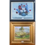 Two oil on canvas studies - Austin - Still life study with flowers in a vase, signed, 30 x 38 cm and
