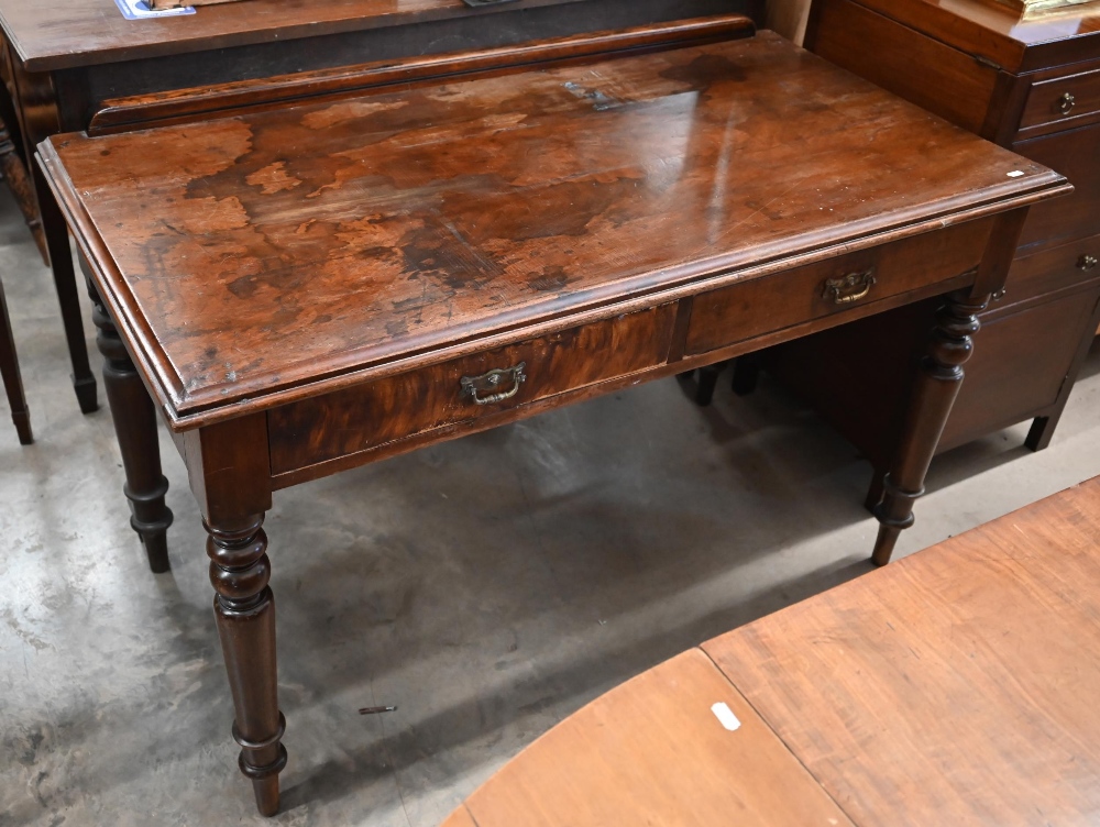 Victorian walnut writing table with two frieze drawers on turned legs, 120 cm wide x 63 cm deep x 76