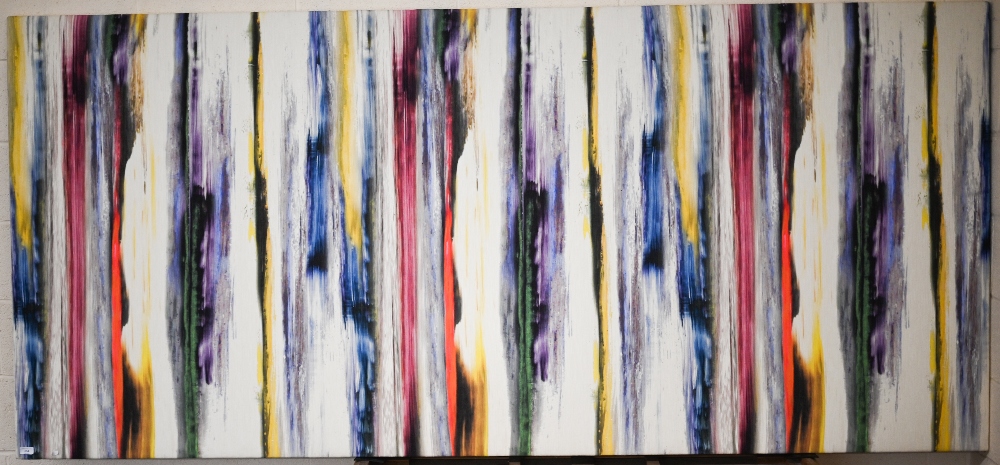 A large printed fabric abstract panel, 124 x 270 cm