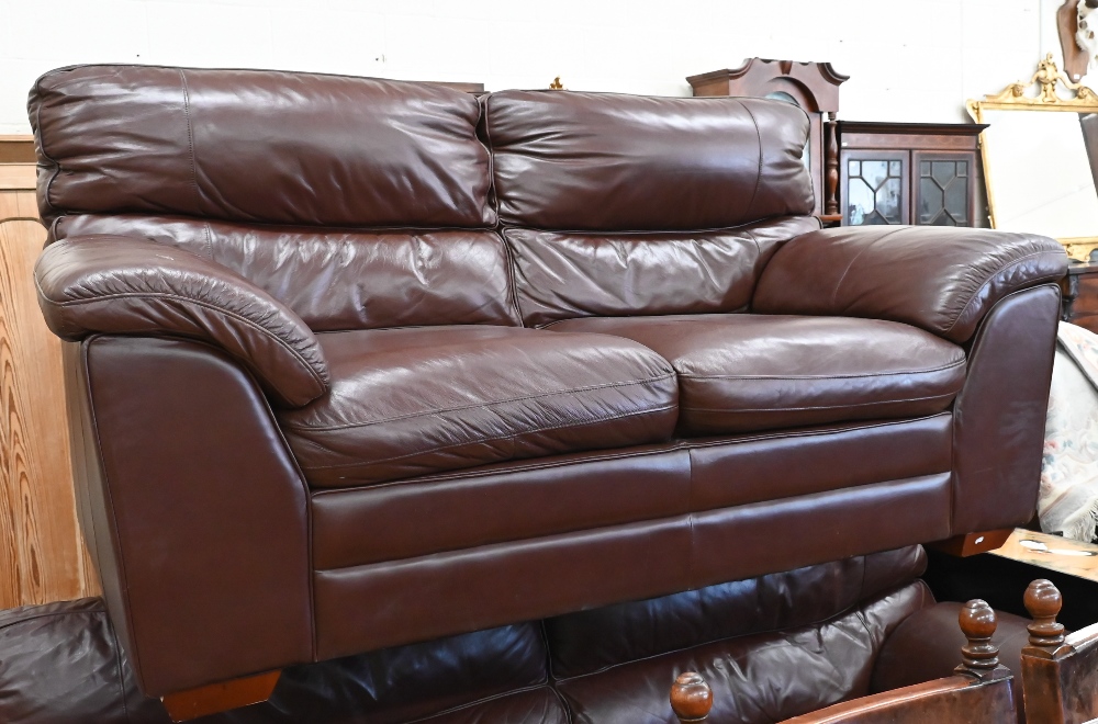 A brown leather two seater sofa, 180 cm w x 95 cm d x 95 cm h, to/w a matching three seater sofa, - Image 3 of 11