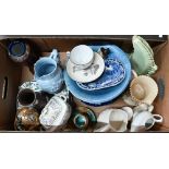 Mixed ceramics including 19th century Liverpool china monochrome-printed tea cup and saucer, blue