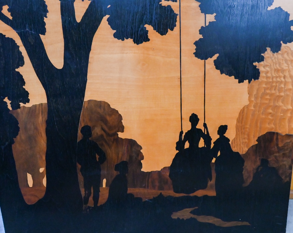 Large marquetry panel, veneered with silhouette of 18th century figures with a swing, 101 cm square - Image 2 of 3