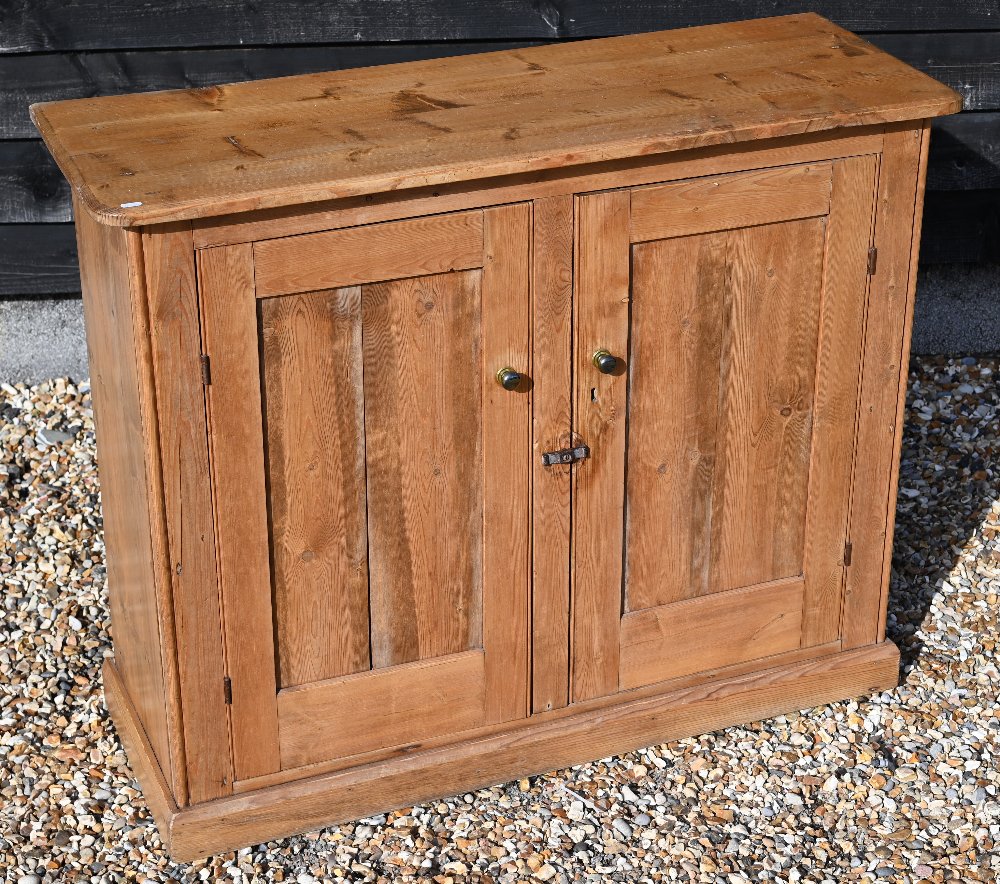 A waxed pine hall cupboard with panelled doors, 116 cm wide x 44 cm deep x 94 cm high