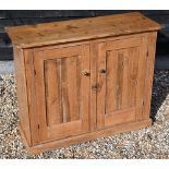 A waxed pine hall cupboard with panelled doors, 116 cm wide x 44 cm deep x 94 cm high