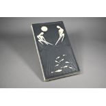 Holm Serenson, Soholm (Denmark), rectangular earthenware plaque with black slip overlay, fishermen