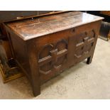 Early 18th century oak coffer with shaped-panel front, lined with 1846 Times Newspaper, 101 x 53 x