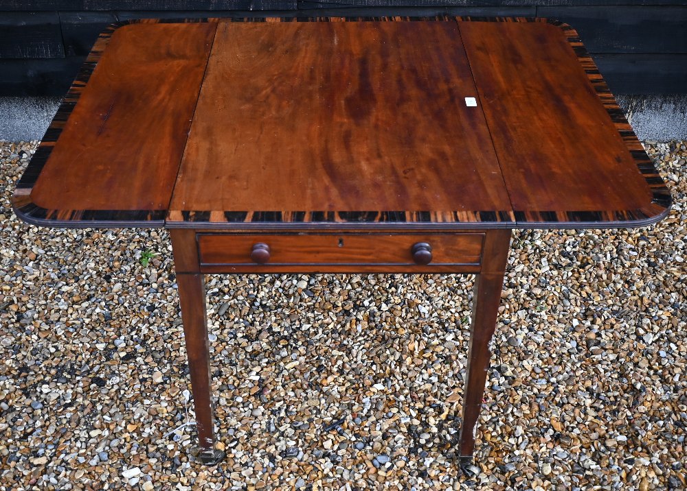 A 19th century two-drawer mahogany Pembroke table with coromandel cross-banding, drop leaf top - Image 4 of 9