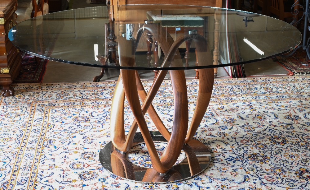 An Italian Porada Infinity dining table with circular glass top on an American walnut Mobius loop - Image 2 of 7