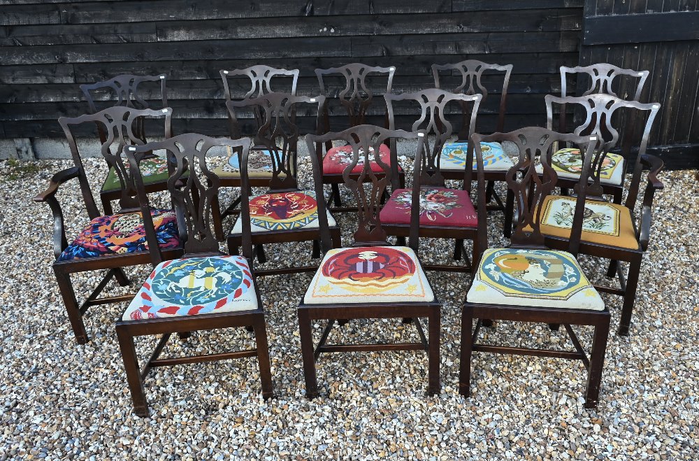 WITHDRAWN Twelve 19th century mahogany Chippendale style dining chairs with pierced vertical splats