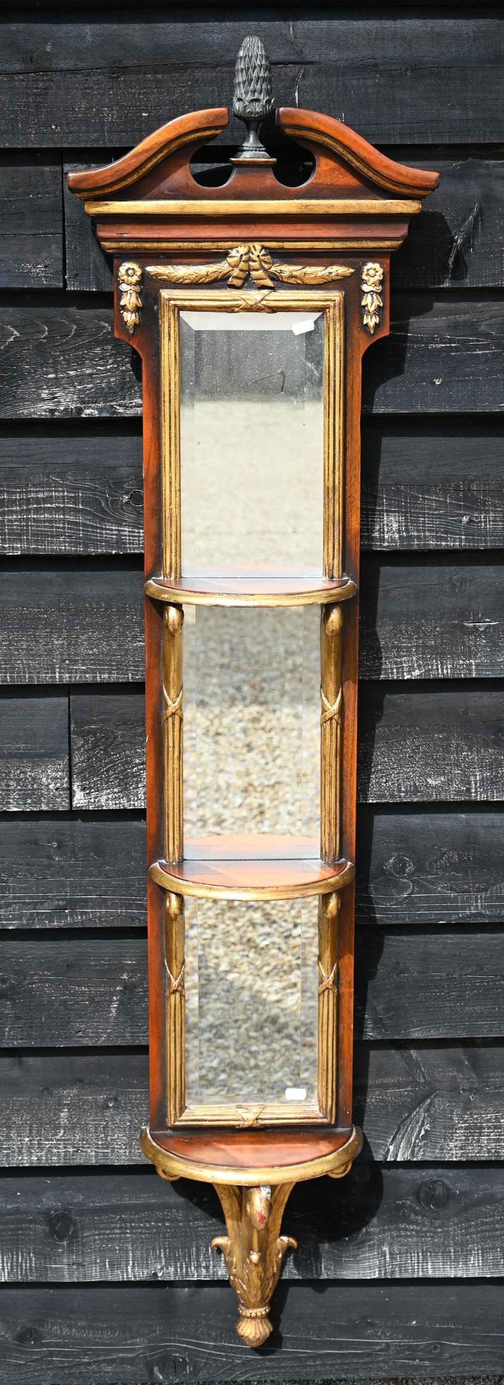 A narrow gilt and walnut framed mirror with three bevelled plates and three demi-lune bracket - Image 2 of 4