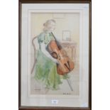 Renee Bickerstaff - 'Study for oil', girl with cello, watercolour, signed, 48 x 28 cm