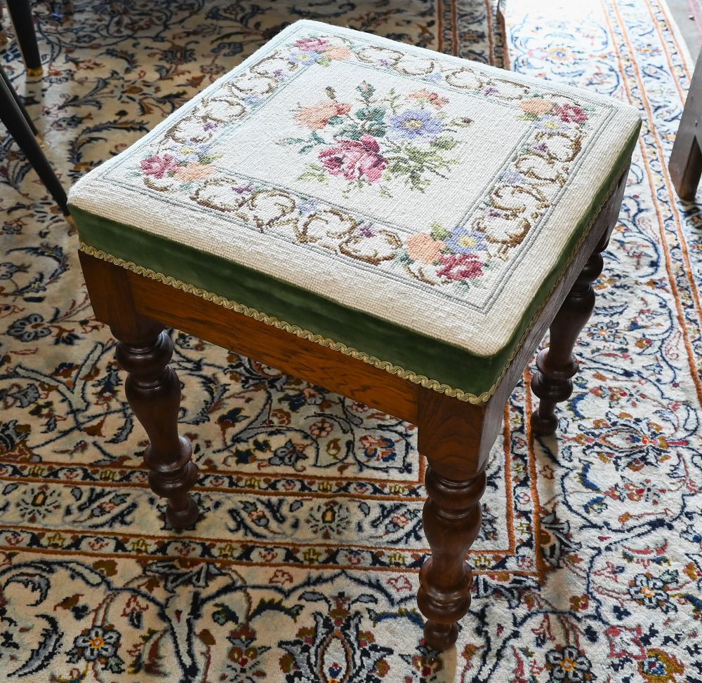 An elm framed square stool with turned legs and floral tapestry seat, 42 x 42 x 52 cm high - Image 2 of 3