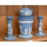 Wedgwood pale blue jasper vase with rose, 17 cm to/w pair of similar candlesticks and a sugar