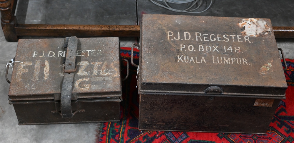 Two antique Japanned tin strong-boxes (a/f)