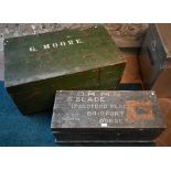 An antique stained pine trunk stencilled 'HHMS, A Slad, Bridport .....', to/w a vintage wooden