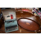 Edwardian inlaid mahogany oval tray with shell marquetry medallion and brass handles to/w an