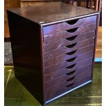 A stained hardwood ten-drawer sampler/documents chest, 42 cm x 42 cm x 50 cm high