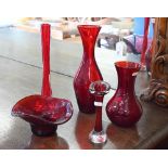 Four cranberry glass vases and a shaped bowl (5)