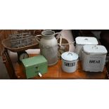 Two vintage sets of baby-scales to/w two enamel bread bins and a flour bin, cake tin with lift-