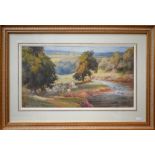 George O Owen (act 1884-1926) - Sheep and shepherdess by river bank, watercolour, signed lower right