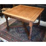 An old oak draw leaf dining table on barleytwist legs united by a cross stretcher, 106 x 106 (181