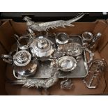 Art deco style epbm 4-piece tea service, pair of pheasant table ornaments, two 'swan' salts with