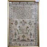 William IV cross stitch sampler, worked with spiritual verse, shrubbery, flora and fauna and